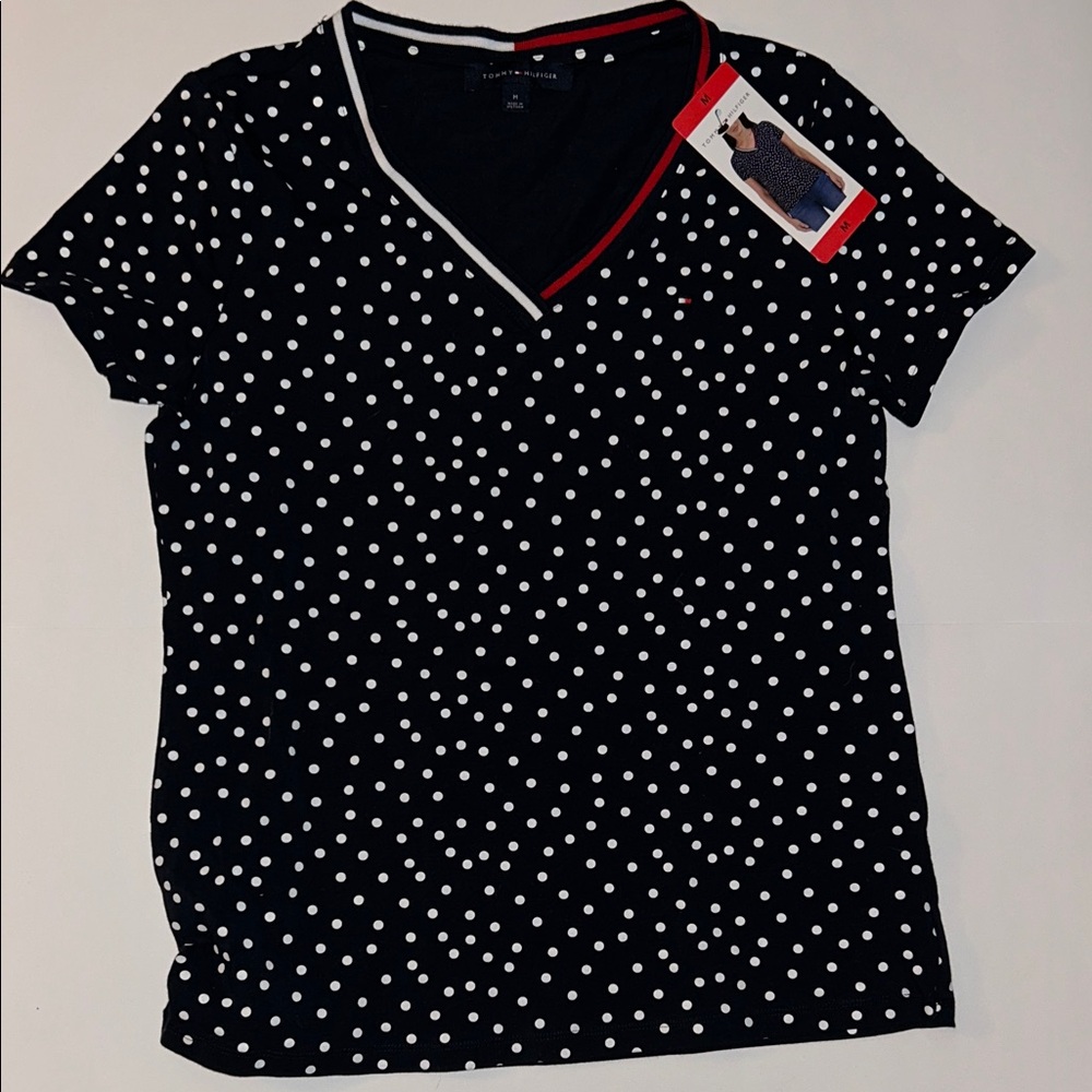 Tommy Hilfiger Black and White Polka Dot V-Neck Tee